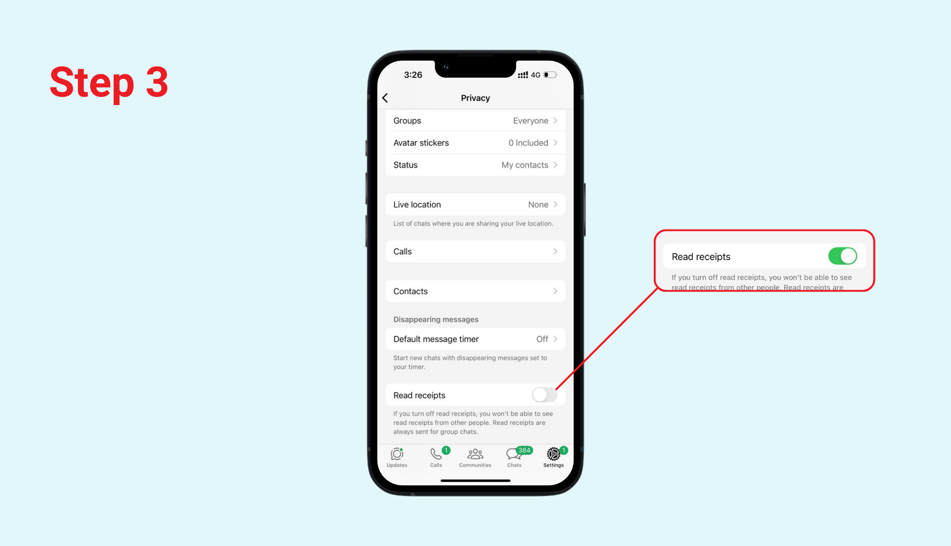 Scroll down to Read receipts and toggle it off.